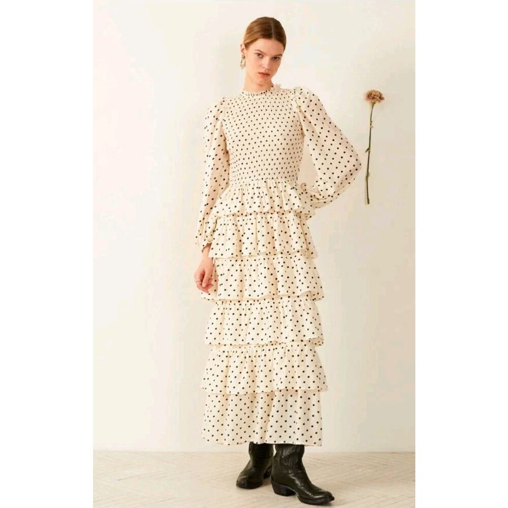 Alix Of Bohemia Shelby Cream Dot Smocked Dress Long Sleeve Maxi Size Large